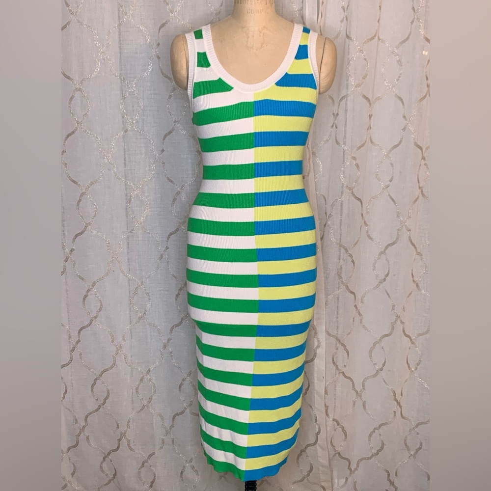NWT Aaron & Amber Blue, Green & White Stripe Colorblock Dress sz L